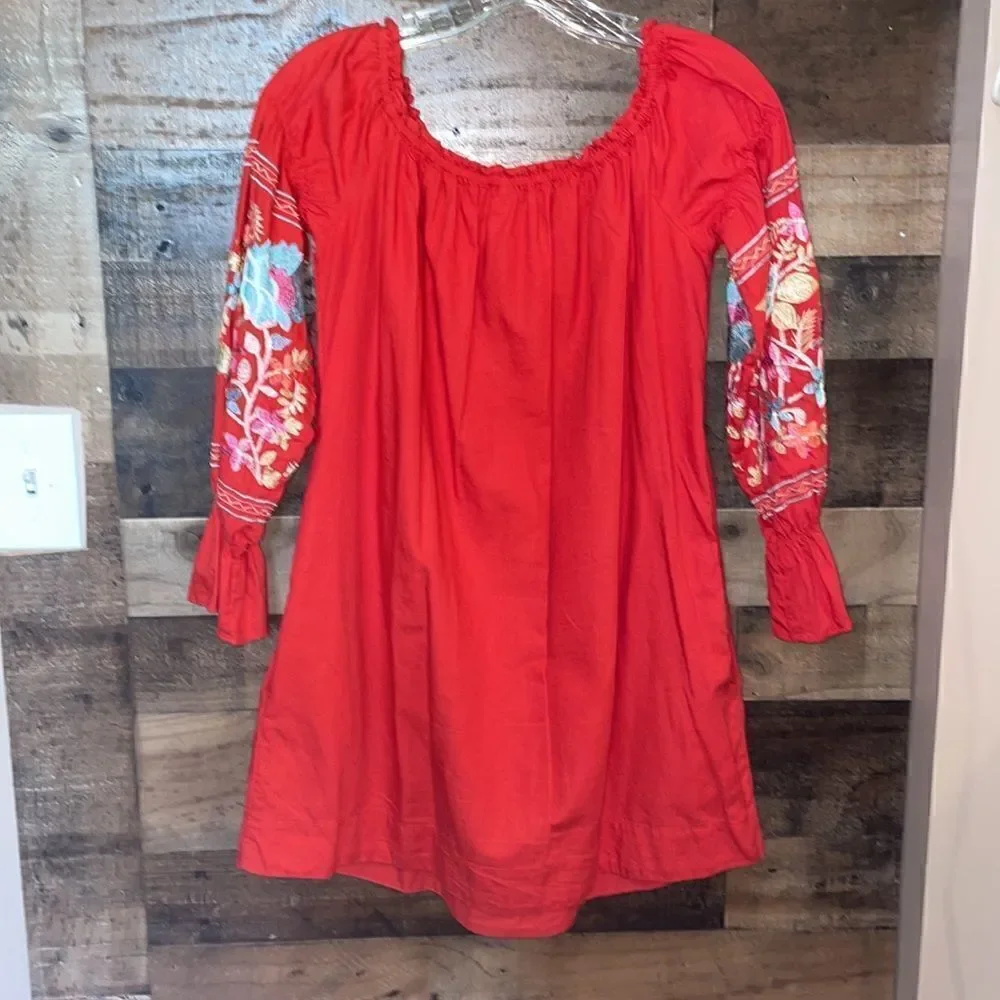 Free People Fleur Du Jour Embroidered Mini Dress in Red